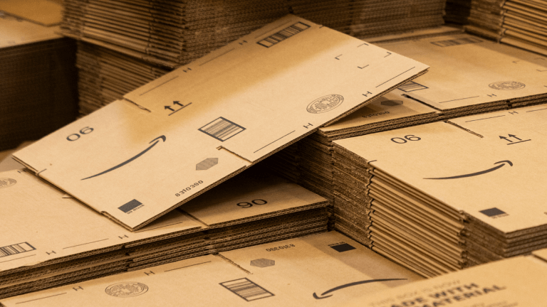 Stacks of flattened Amazon cardboard boxes. 