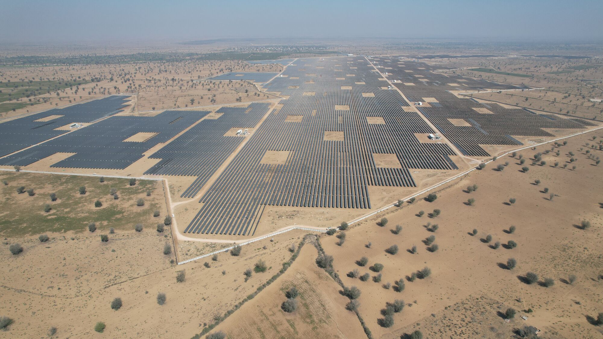 An overhead view of solar panels in a field. 