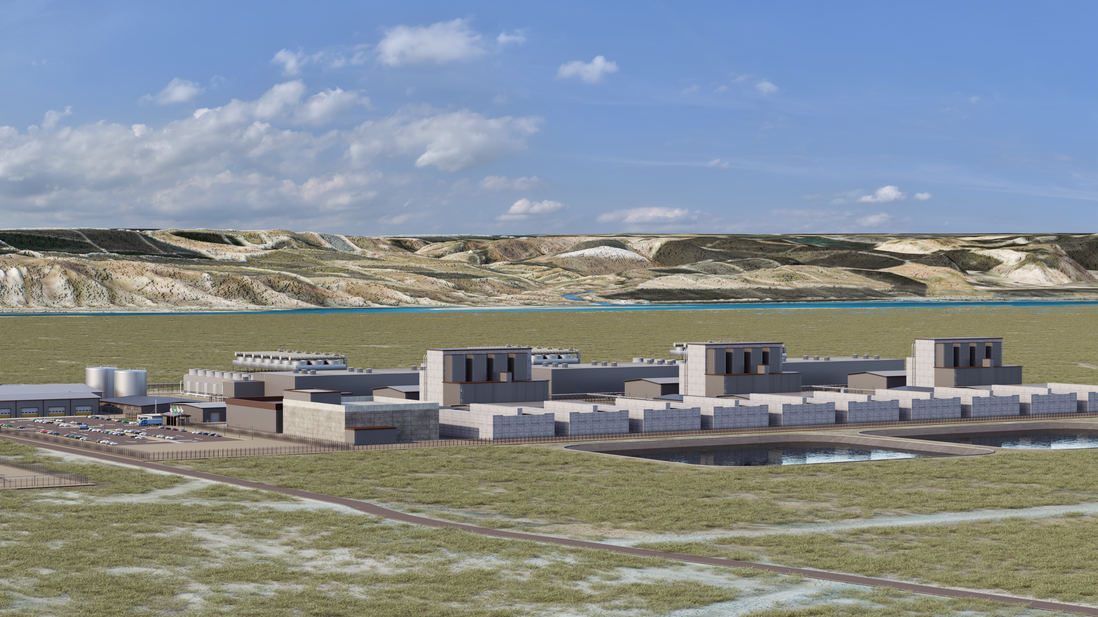 A computer rendering of SMRs in a desert landscape. 