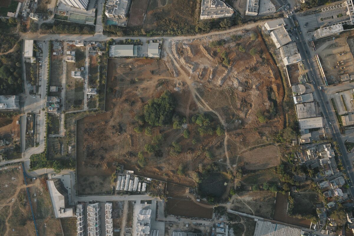 An ariel view of structures and paths. 