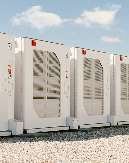 Rows of carbon-free energy battery storage devices.