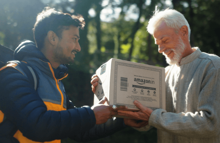 A person hands an Amazon box that says "Amazon.in" to an Amazon customer.