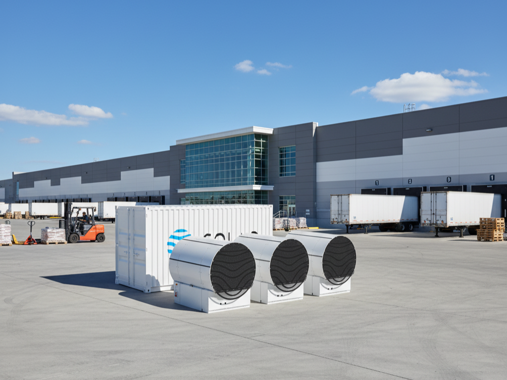 Three pieces of cylindrical equipment on concrete. 