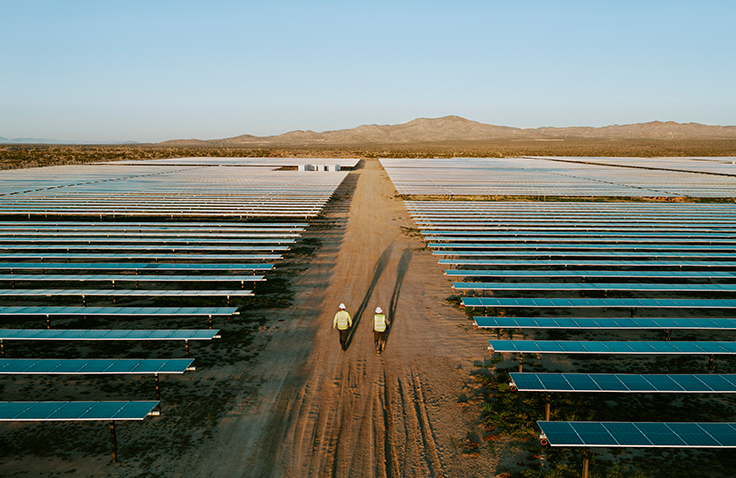 A birds eye view of two people walking down rows of solar panels.