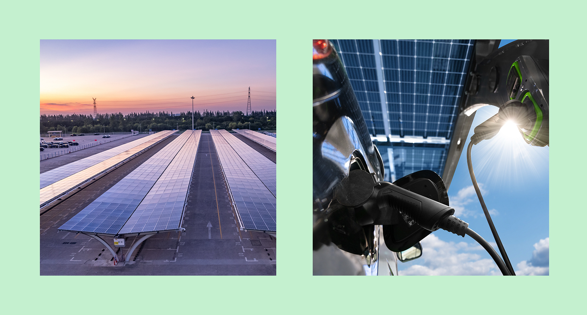 Two side-by-side images of solar panels in different settings. 