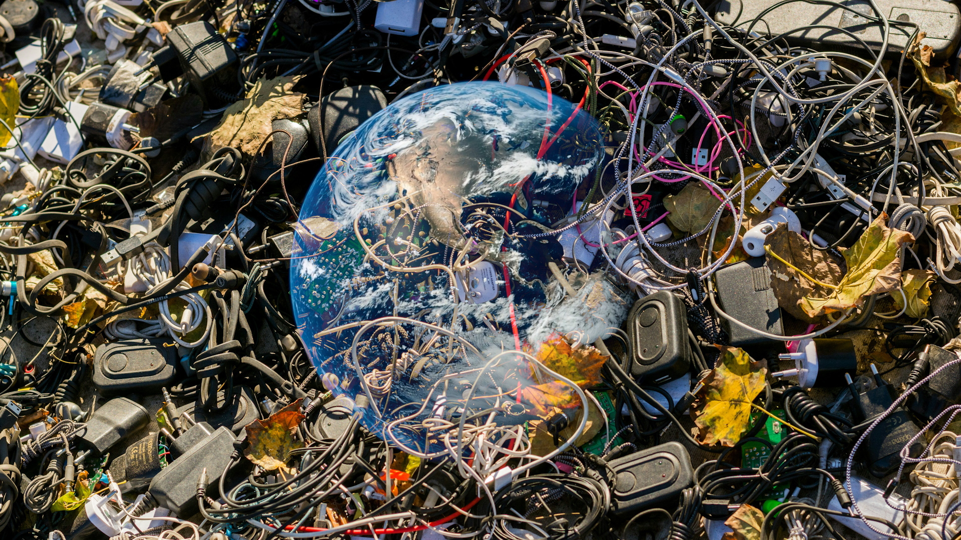 Rendering of many electronic items with the Earth glowing softly in the background.