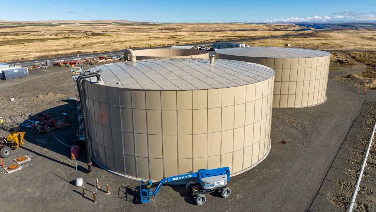 An aerial view of a water treatment facility. 