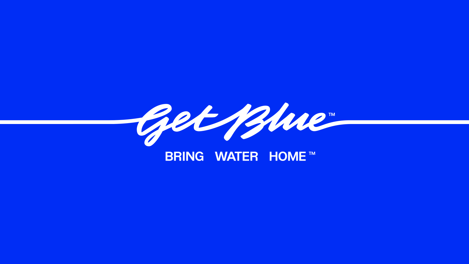 Text that reads "Get Blue" and "bring water home" is accompanied by various company logos against a blue background.
