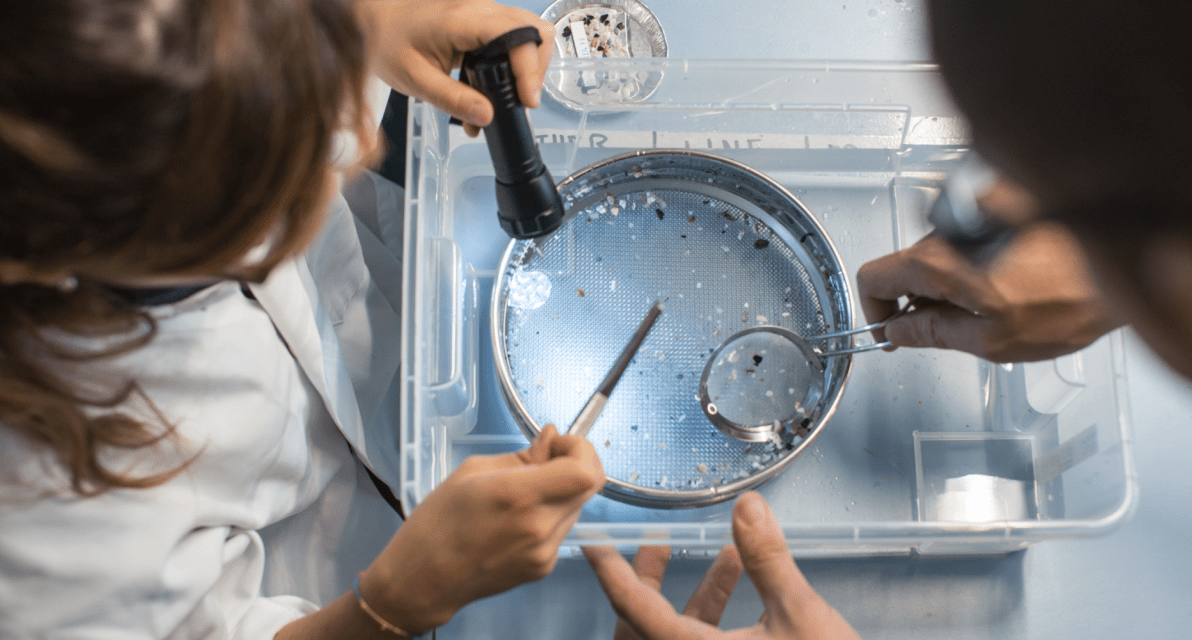 A view from above shows two people examining small pieces of plastic in a bin filled with water. 