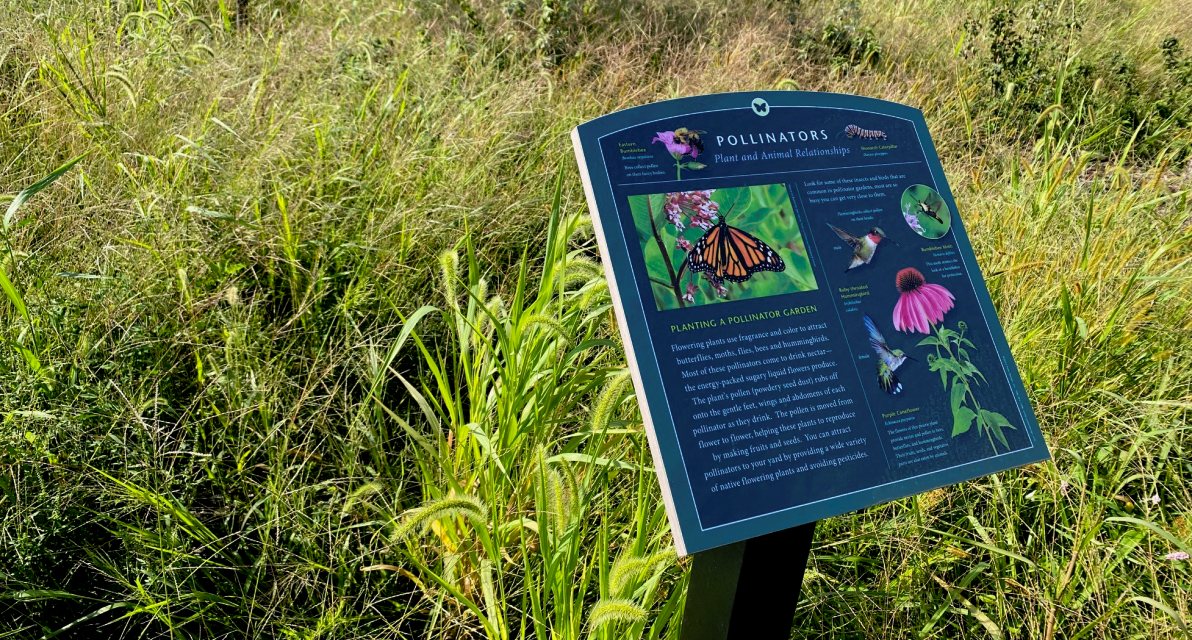 An informational sign stands in a grassy field. 