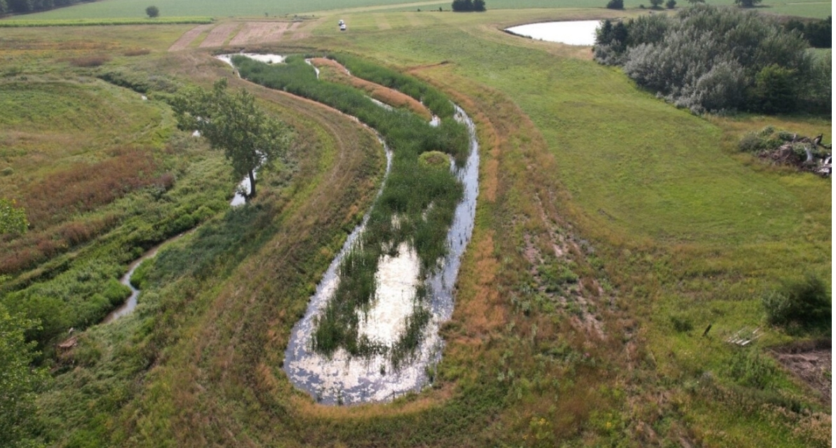 An overhead view of water collected in a field. 