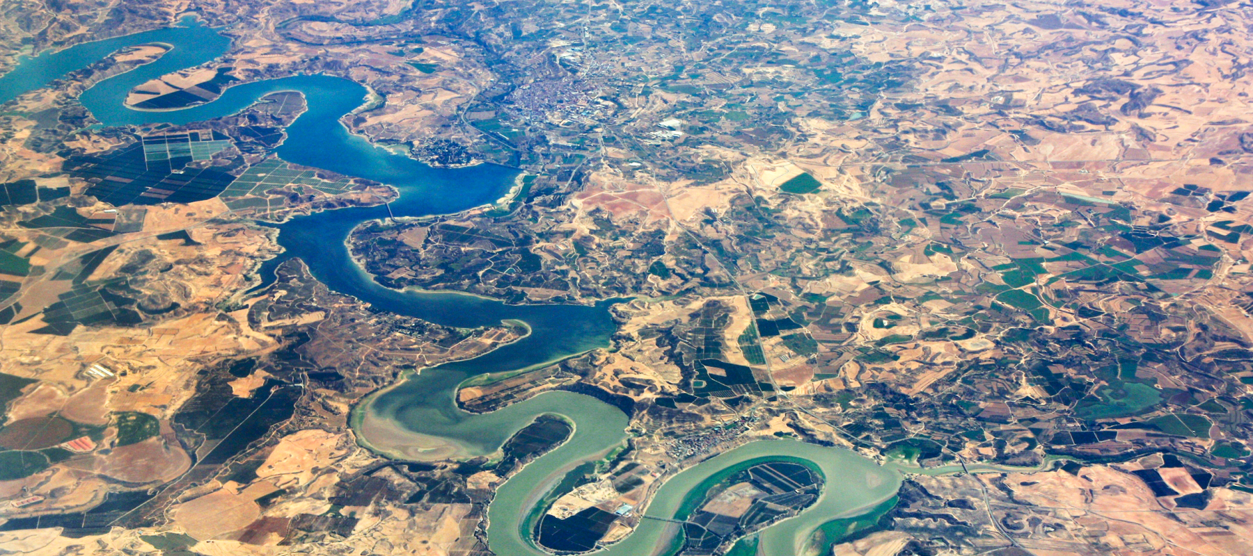 An aerial view of the Ebro River in the Aragon region of Spain.
